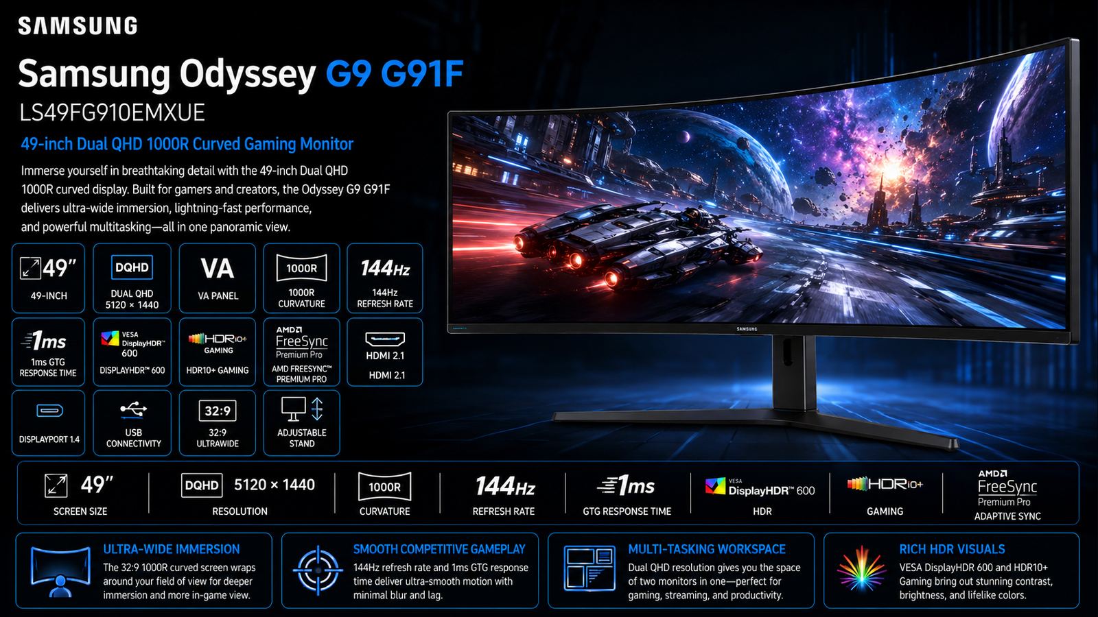 Samsung Odyssey G9 G91F LS49FG910EMXUE 49-inch Dual QHD 1000R Curved Gaming Monitor, VA, 144Hz, 1ms GTG, DisplayHDR 600, HDR10+ Gaming, FreeSync Premium Pro, HDMI 2.1, Black, 3-Year Warranty | LS49FG910EMXUE